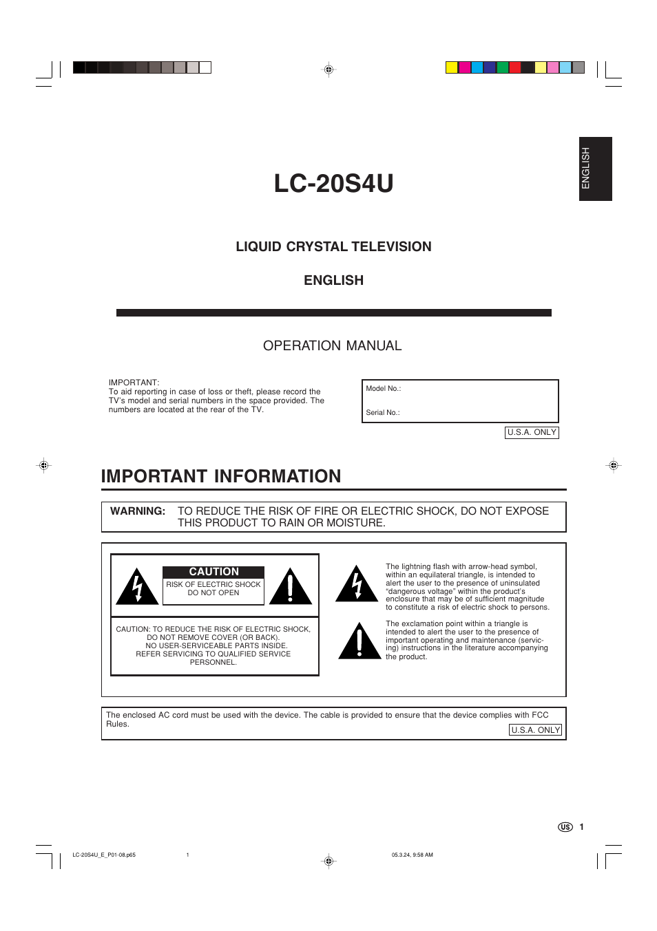 Important information, Lc-20s4u, Liquid crystal television operation manual | English | Sharp Aquos LC 20S4U User Manual | Page 2 / 43