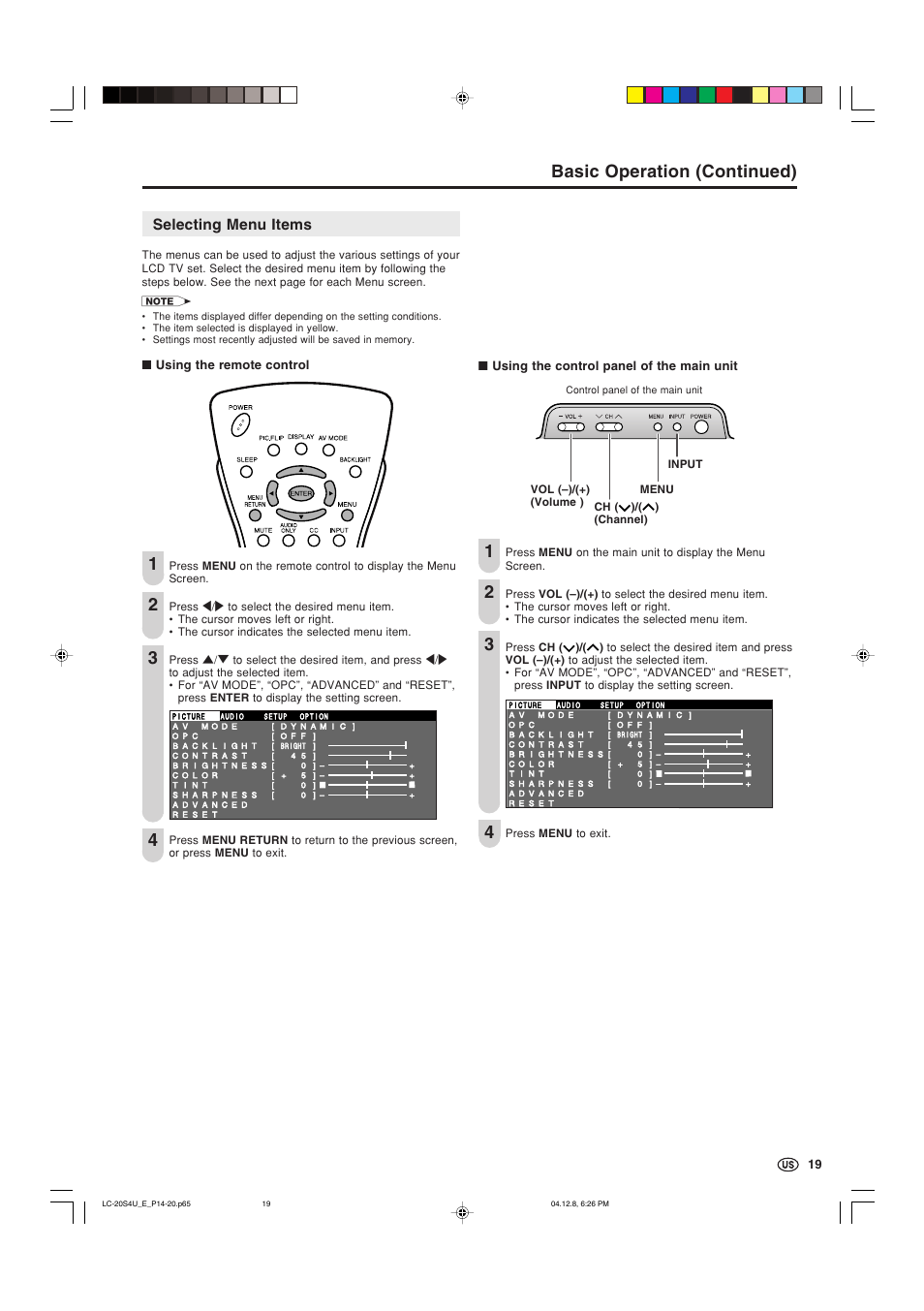 Selecting menu items, Basic operation (continued) | Sharp Aquos LC 20S4U User Manual | Page 20 / 43