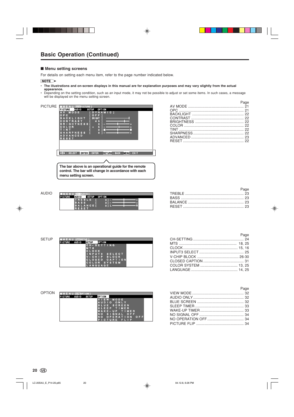 Basic operation (continued), Menu setting screens | Sharp Aquos LC 20S4U User Manual | Page 21 / 43