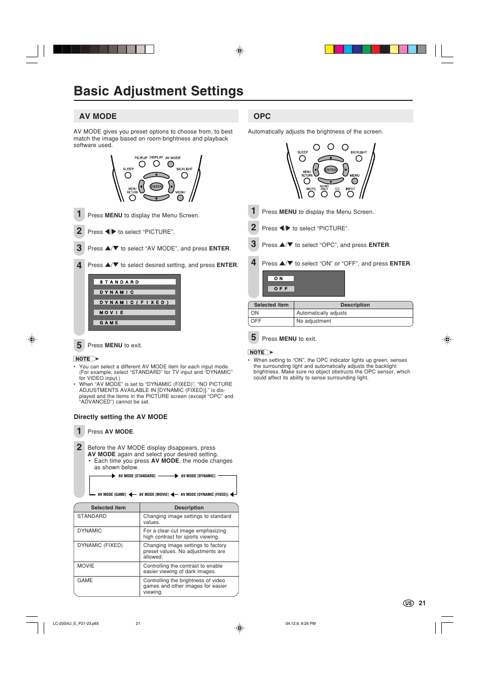 Basic adjustment settings, Av mode | Sharp Aquos LC 20S4U User Manual | Page 22 / 43
