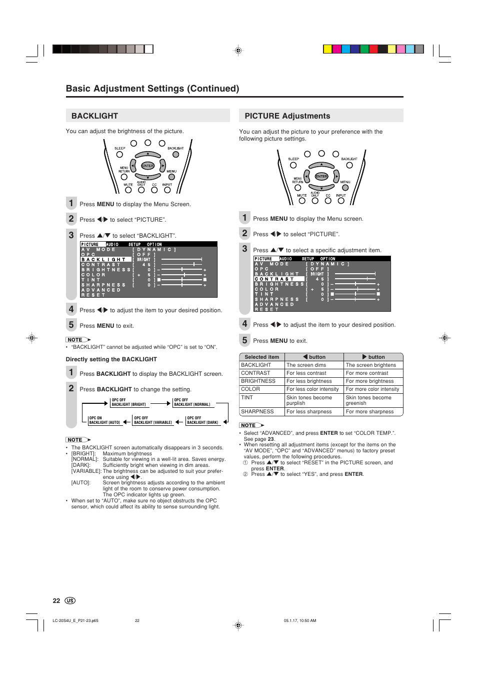 Backlight, Picture adjustments, Basic adjustment settings (continued) | Sharp Aquos LC 20S4U User Manual | Page 23 / 43