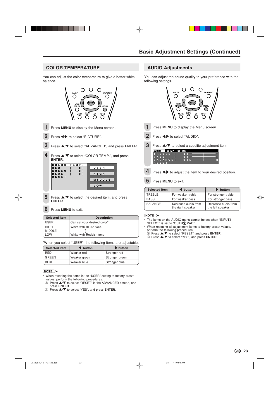 Color temperature, Audio adjustments, Basic adjustment settings (continued) | Sharp Aquos LC 20S4U User Manual | Page 24 / 43