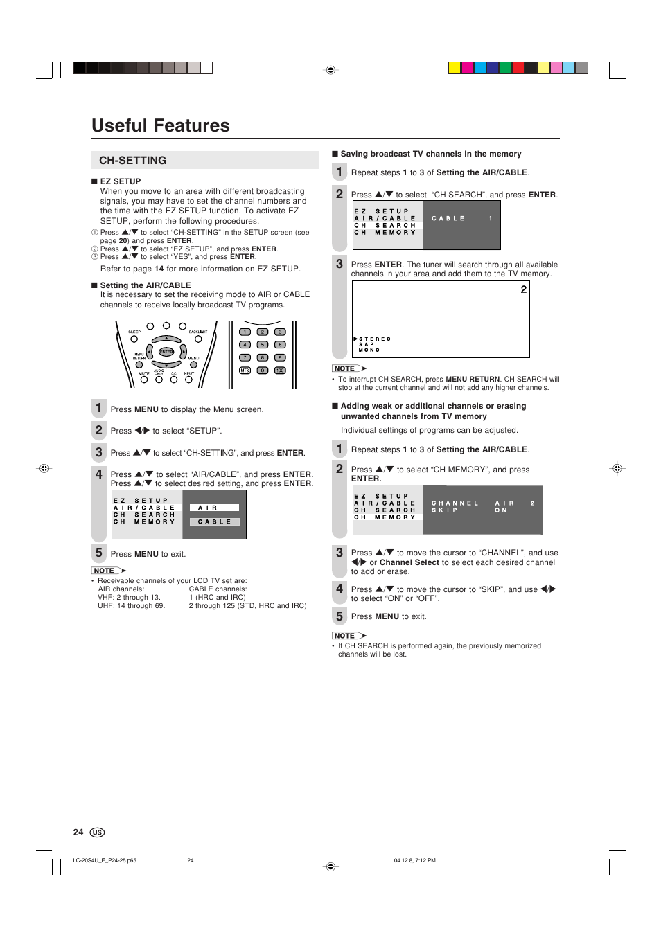 Useful features, Ch-setting | Sharp Aquos LC 20S4U User Manual | Page 25 / 43