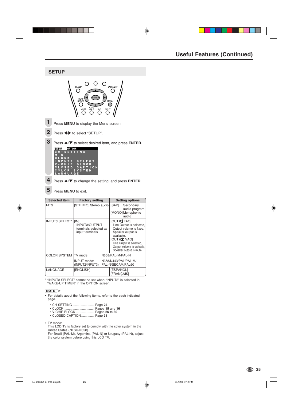 Setup, Useful features (continued) 1 3 | Sharp Aquos LC 20S4U User Manual | Page 26 / 43