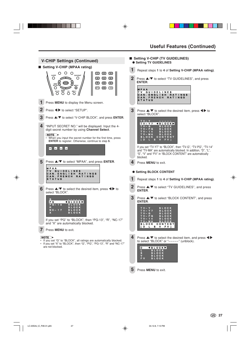 Useful features (continued), V-chip settings (continued) | Sharp Aquos LC 20S4U User Manual | Page 28 / 43