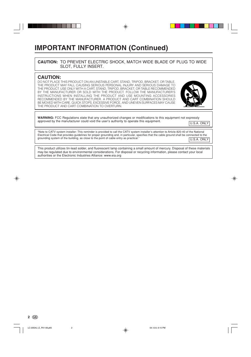 Important information (continued), Caution | Sharp Aquos LC 20S4U User Manual | Page 3 / 43