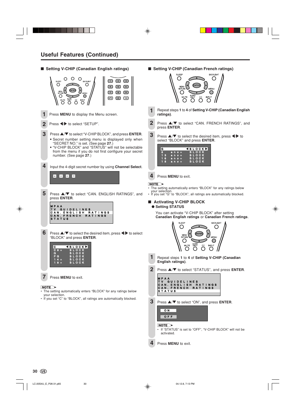 Useful features (continued) | Sharp Aquos LC 20S4U User Manual | Page 31 / 43