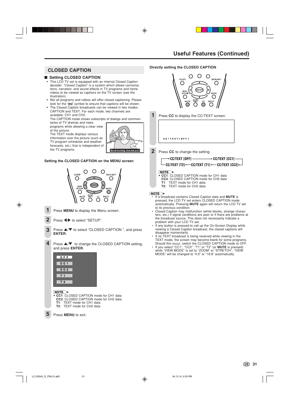 Closed caption, Useful features (continued) | Sharp Aquos LC 20S4U User Manual | Page 32 / 43