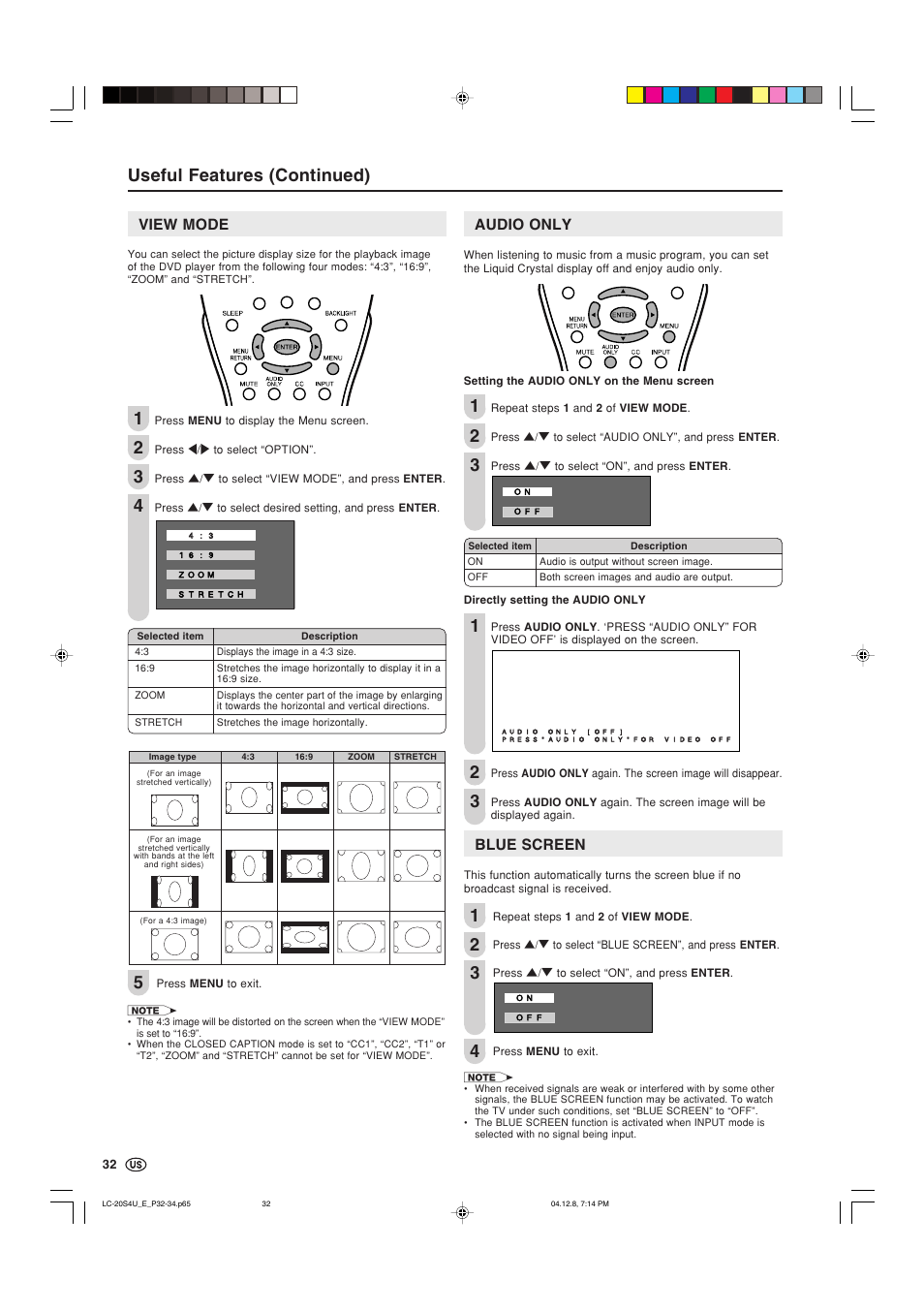 View mode, Audio only, Blue screen | Useful features (continued) | Sharp Aquos LC 20S4U User Manual | Page 33 / 43