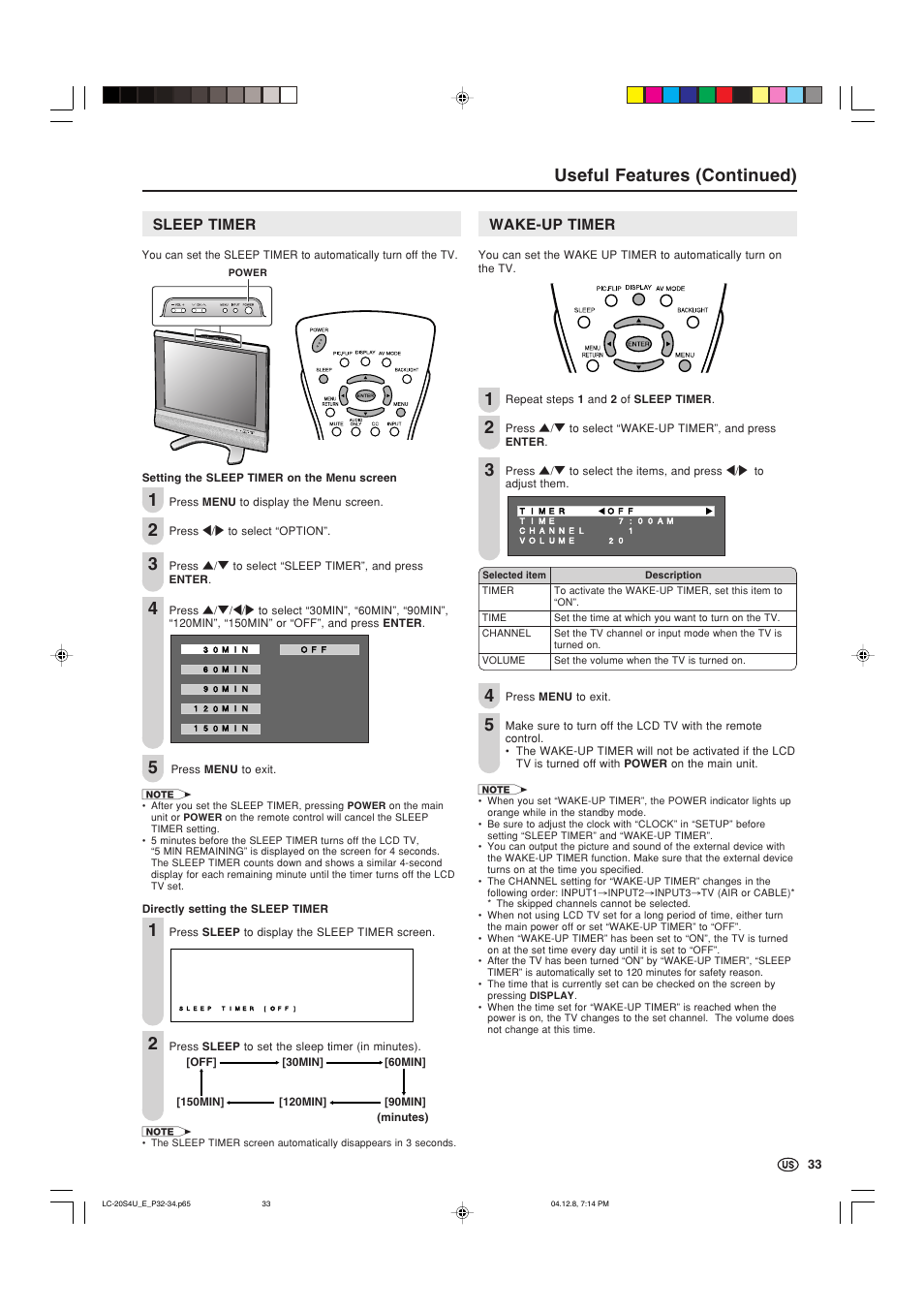 Sleep timer, Wake-up timer, Useful features (continued) | Sharp Aquos LC 20S4U User Manual | Page 34 / 43