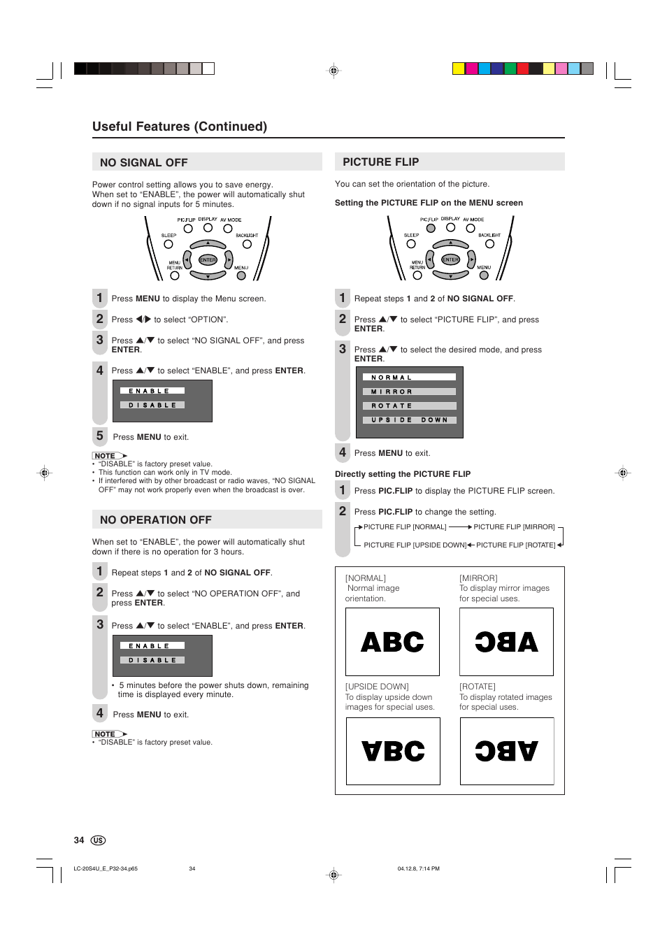 No signal off, No operation off, Picture flip | Useful features (continued) | Sharp Aquos LC 20S4U User Manual | Page 35 / 43