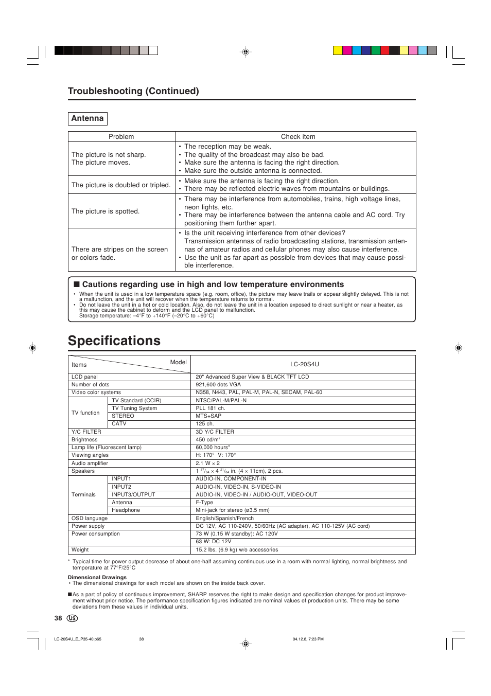 Specifications, Troubleshooting (continued), Antenna | Sharp Aquos LC 20S4U User Manual | Page 39 / 43