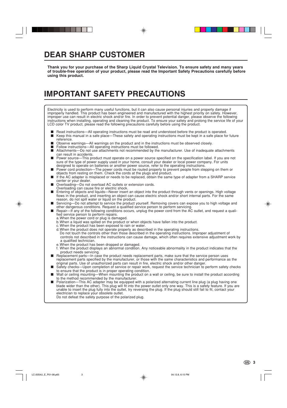 Dear sharp customer, Important safety precautions | Sharp Aquos LC 20S4U User Manual | Page 4 / 43