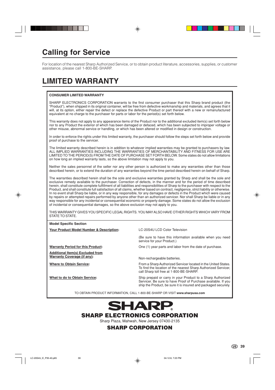 Calling for service, Limited warranty, Sharp electronics corporation | Sharp corporation | Sharp Aquos LC 20S4U User Manual | Page 40 / 43