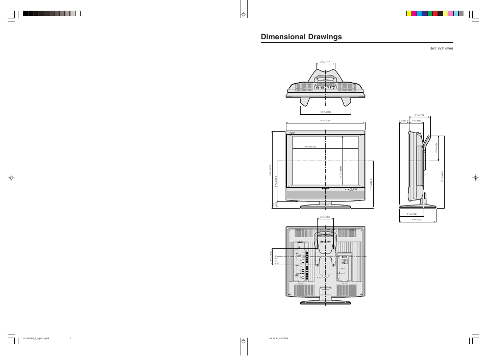 Dimensional drawings, Unit: inch (mm) | Sharp Aquos LC 20S4U User Manual | Page 42 / 43