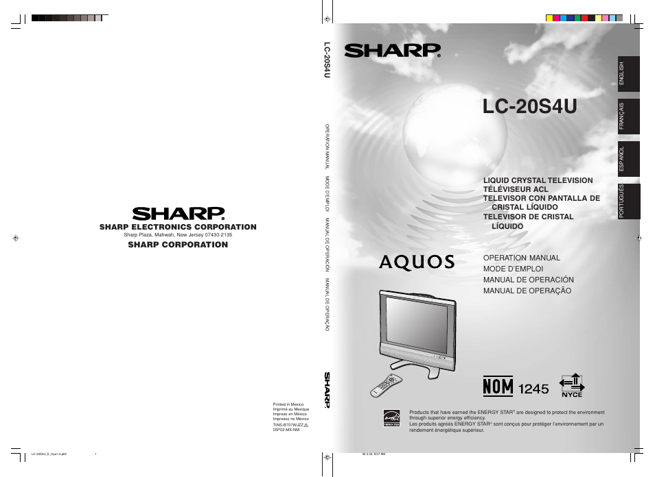 Sharp corporation, Lc-20s4u, Sharp electronics corporation | Sharp Aquos LC 20S4U User Manual | Page 43 / 43