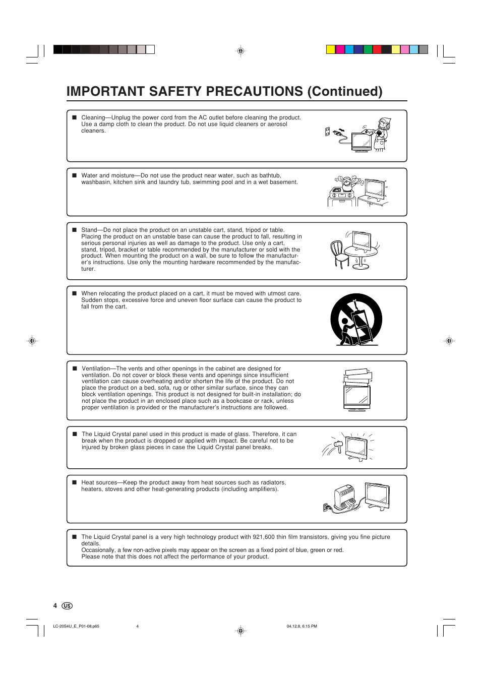 Important safety precautions (continued) | Sharp Aquos LC 20S4U User Manual | Page 5 / 43