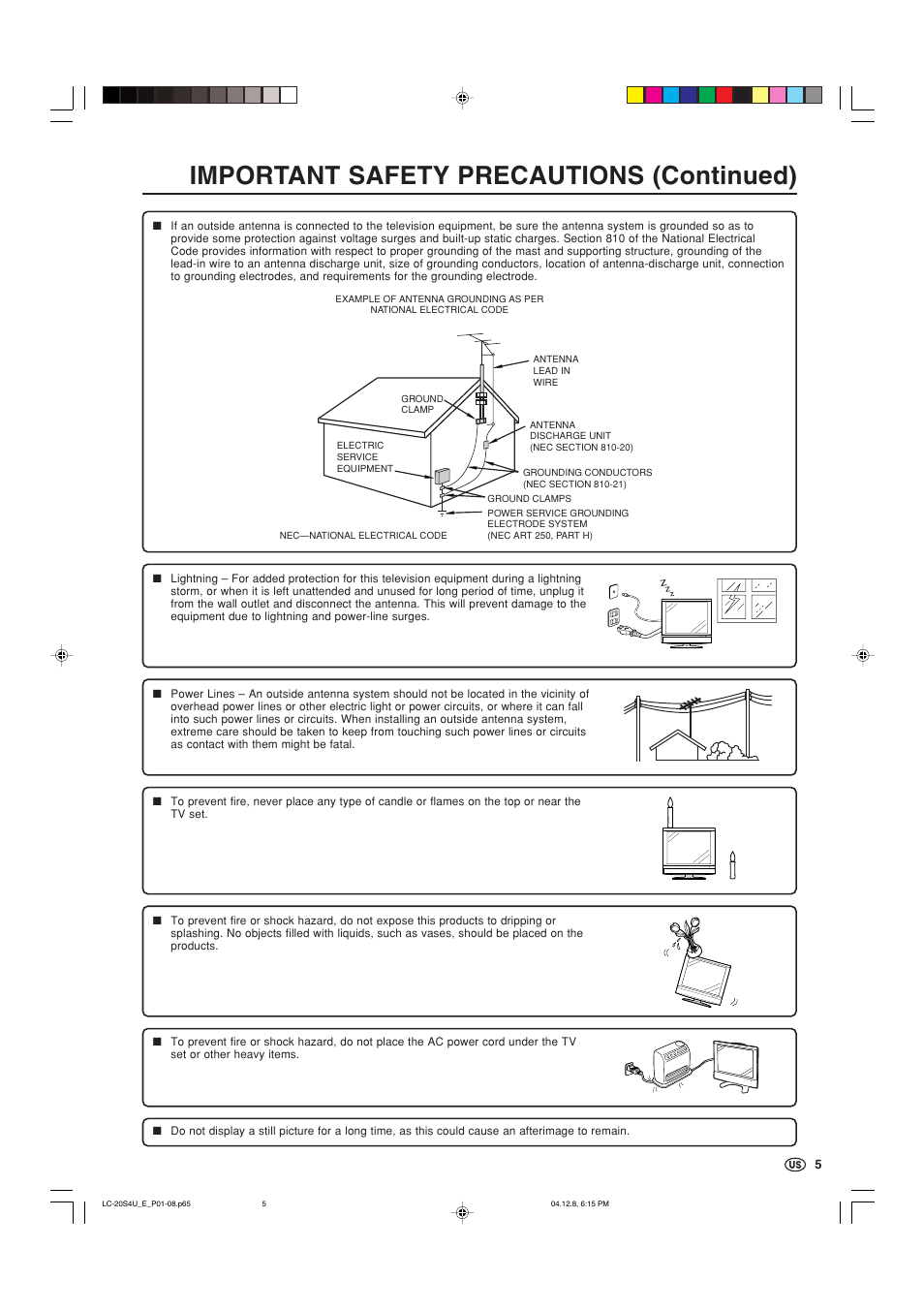 Important safety precautions (continued) | Sharp Aquos LC 20S4U User Manual | Page 6 / 43