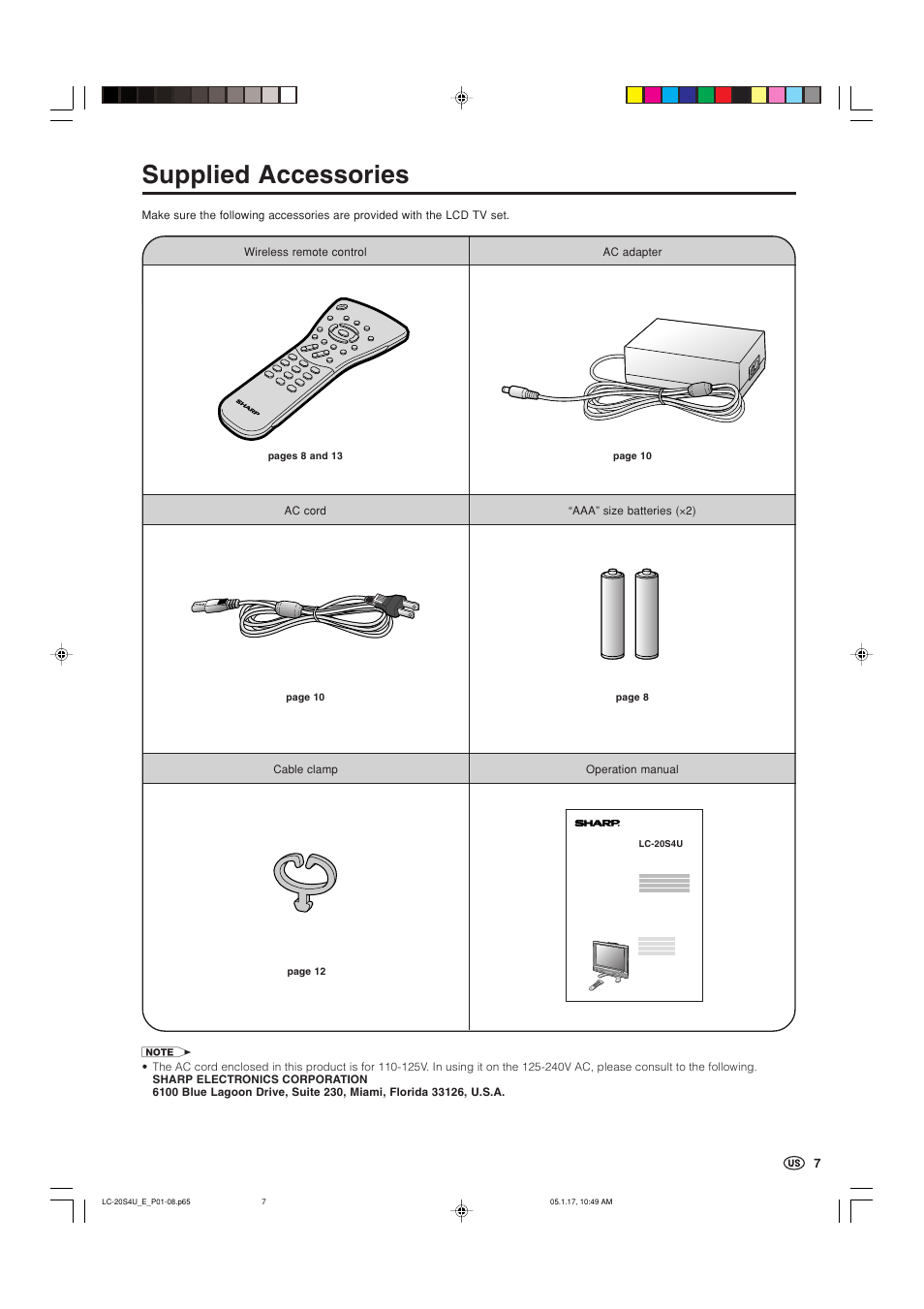 Supplied accessories | Sharp Aquos LC 20S4U User Manual | Page 8 / 43