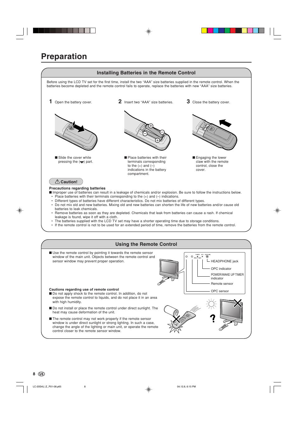 Preparation, Installing batteries in the remote control, Using the remote control | Sharp Aquos LC 20S4U User Manual | Page 9 / 43