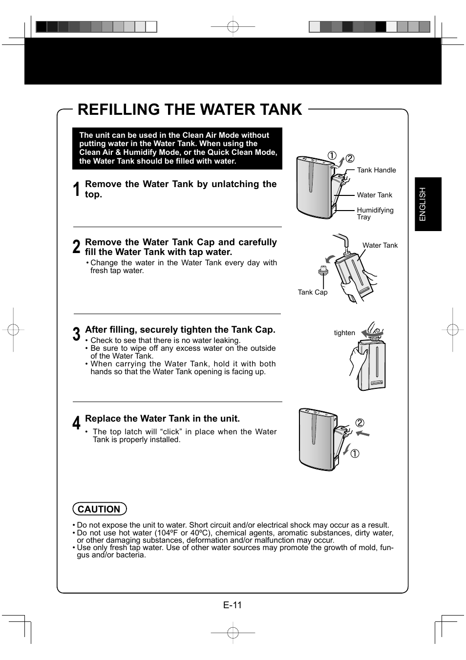 Refilling the water tank | Sharp ENGLISHFRANAISESPAOL KC-860U User Manual | Page 13 / 68