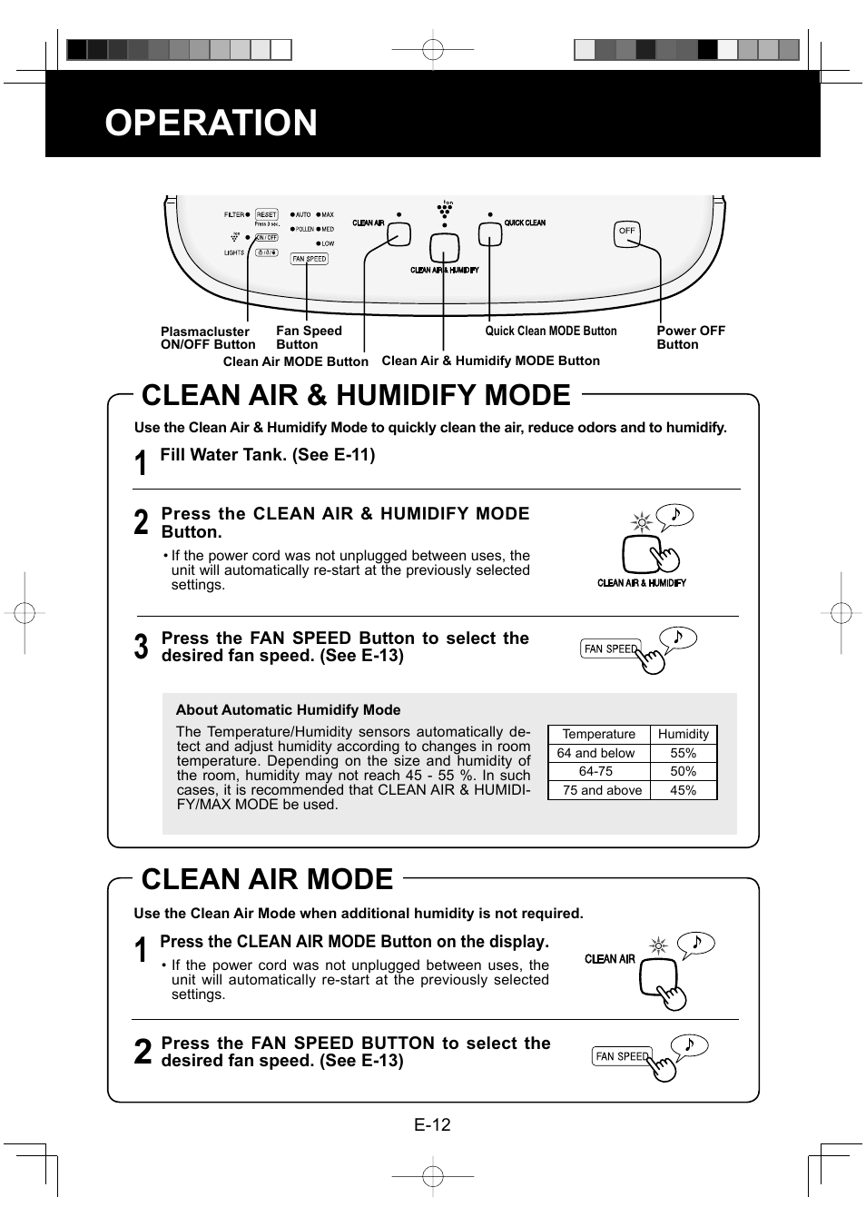 Operation, Clean air & humidify mode, Clean air mode | Sharp ENGLISHFRANAISESPAOL KC-860U User Manual | Page 14 / 68