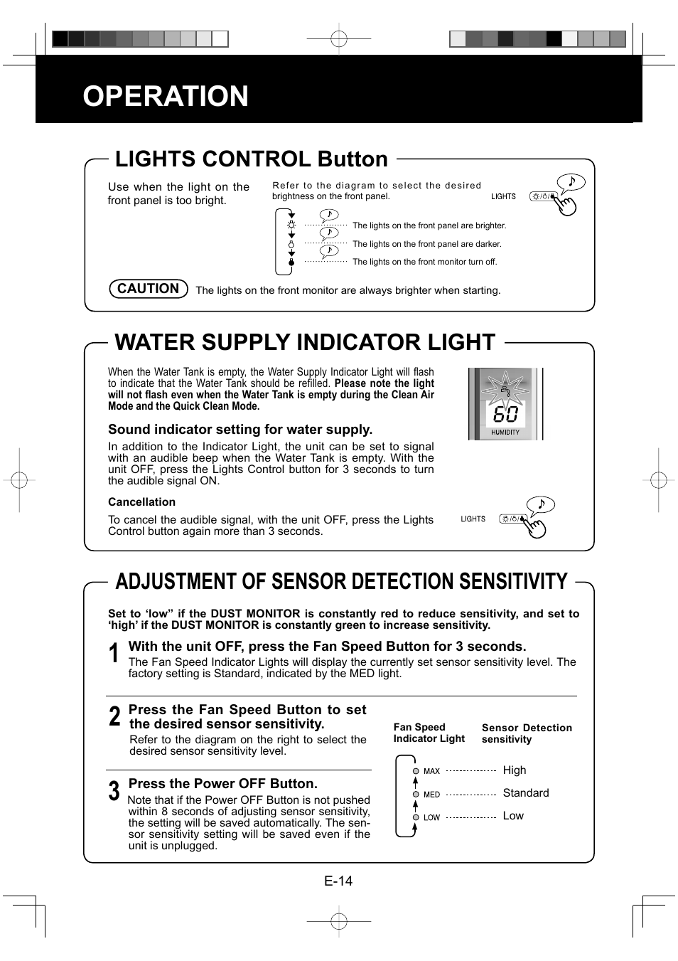 Operation, Water supply indicator light, Adjustment of sensor detection sensitivity | Lights control button | Sharp ENGLISHFRANAISESPAOL KC-860U User Manual | Page 16 / 68