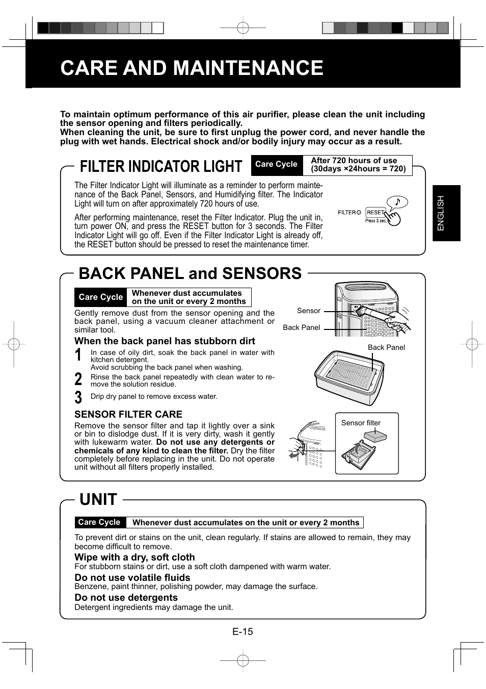 Care and maintenance, Unit, Filter indicator light | Back panel and sensors | Sharp ENGLISHFRANAISESPAOL KC-860U User Manual | Page 17 / 68