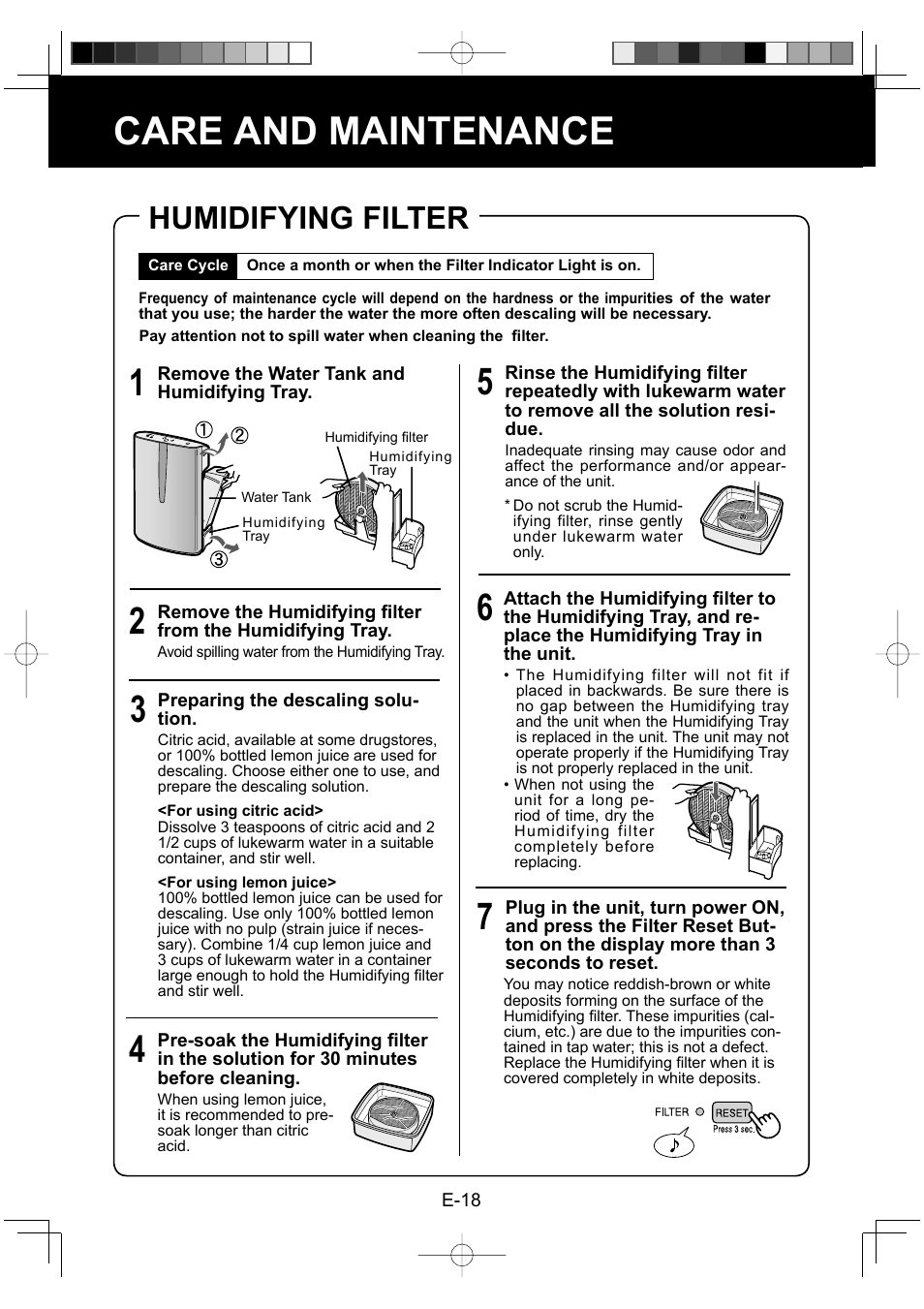 Care and maintenance, Humidifying filter | Sharp ENGLISHFRANAISESPAOL KC-860U User Manual | Page 20 / 68