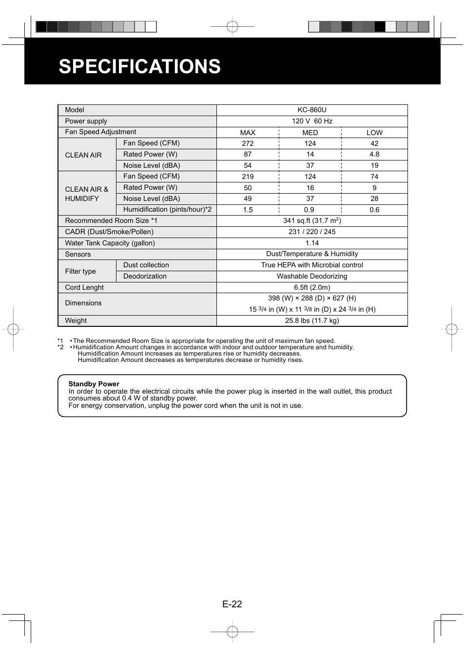 Specifications, E-22 | Sharp ENGLISHFRANAISESPAOL KC-860U User Manual | Page 24 / 68