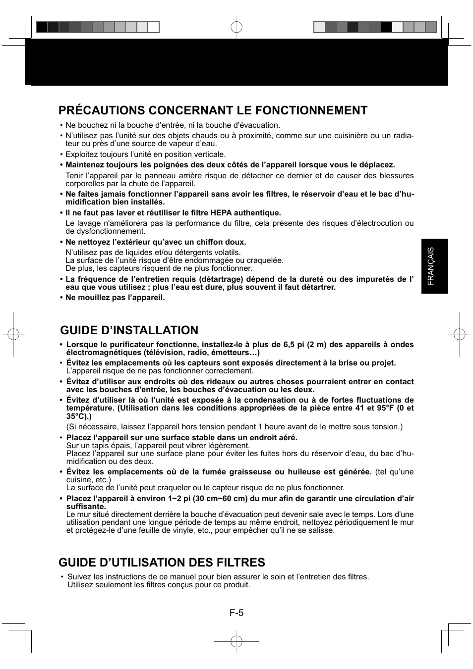 Précautions concernant le fonctionnement, Guide d’installation, Guide d’utilisation des filtres | Sharp ENGLISHFRANAISESPAOL KC-860U User Manual | Page 31 / 68