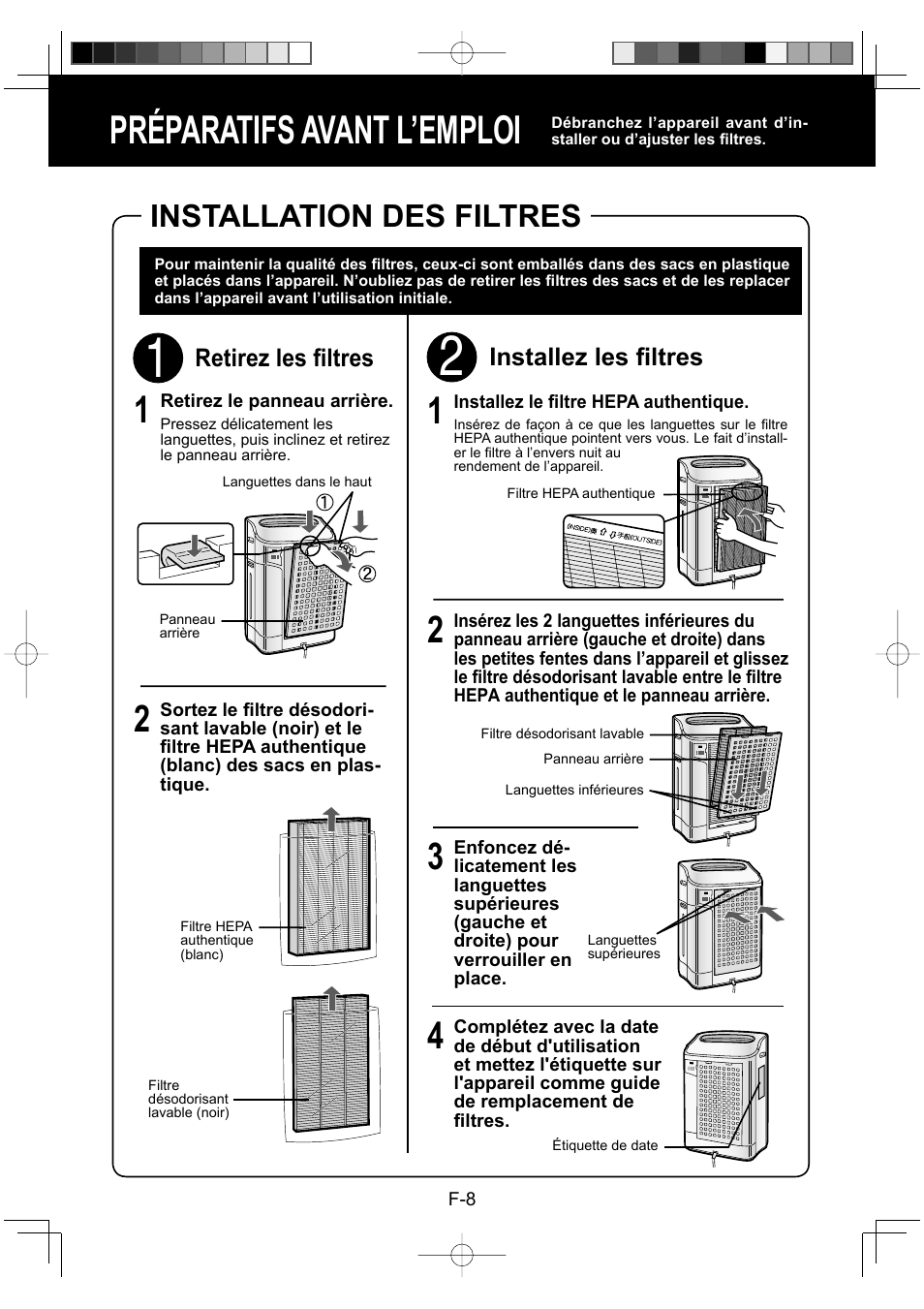 Préparatifs avant l’emploi, Installation des filtres, Installez les fi ltres | Retirez les fi ltres | Sharp ENGLISHFRANAISESPAOL KC-860U User Manual | Page 34 / 68