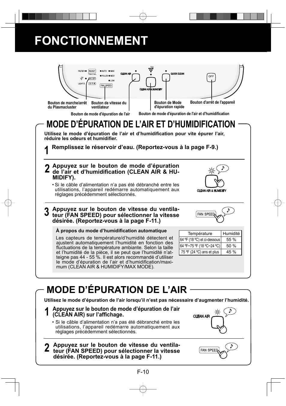 Fonctionnement, Mode d’épuration de l’air et d’humidification, Mode d’épuration de l’air | Sharp ENGLISHFRANAISESPAOL KC-860U User Manual | Page 36 / 68