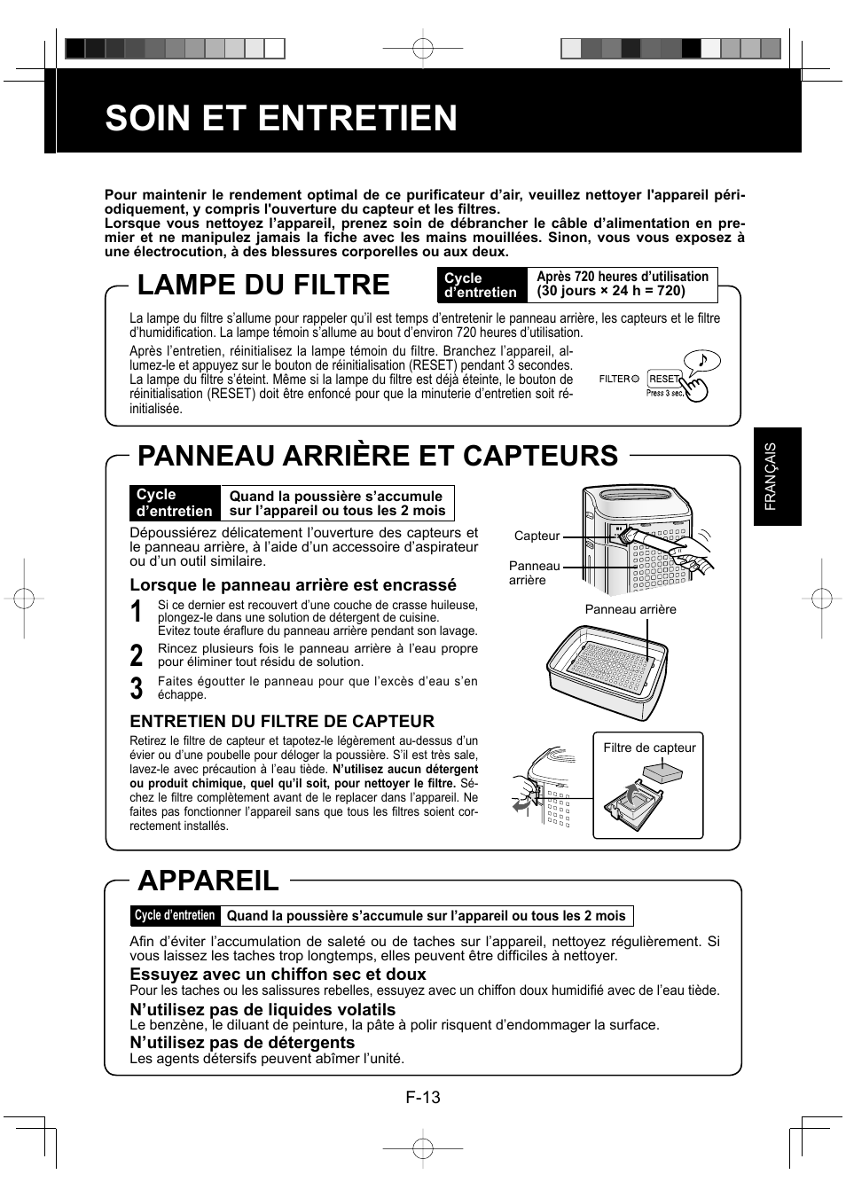 Soin et entretien, Appareil, Lampe du filtre | Panneau arrière et capteurs | Sharp ENGLISHFRANAISESPAOL KC-860U User Manual | Page 39 / 68