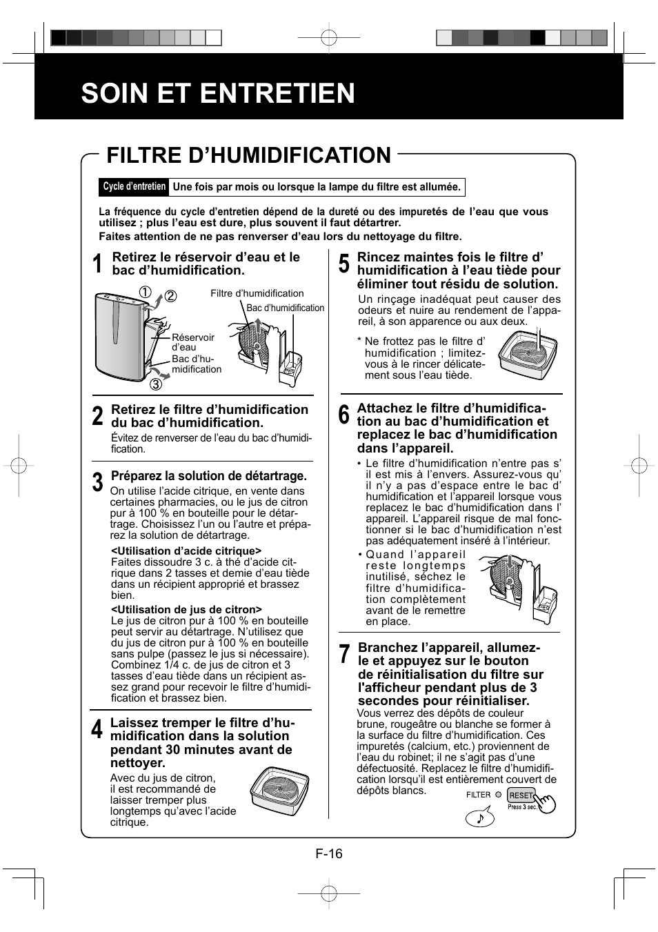 Soin et entretien, Filtre d’humidification | Sharp ENGLISHFRANAISESPAOL KC-860U User Manual | Page 42 / 68