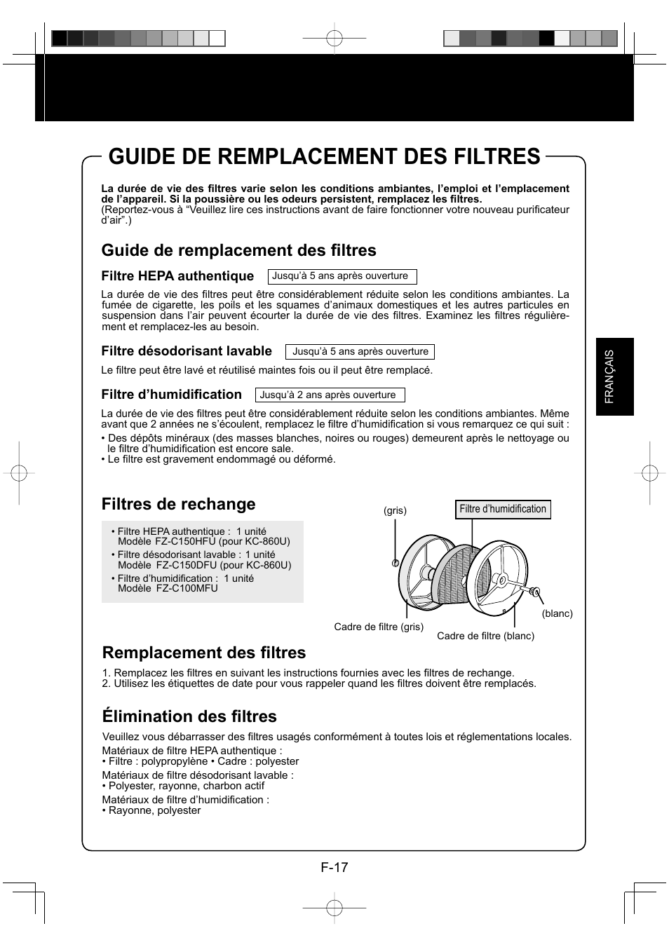 Guide de remplacement des filtres, Guide de remplacement des fi ltres, Filtres de rechange remplacement des fi ltres | Élimination des fi ltres | Sharp ENGLISHFRANAISESPAOL KC-860U User Manual | Page 43 / 68