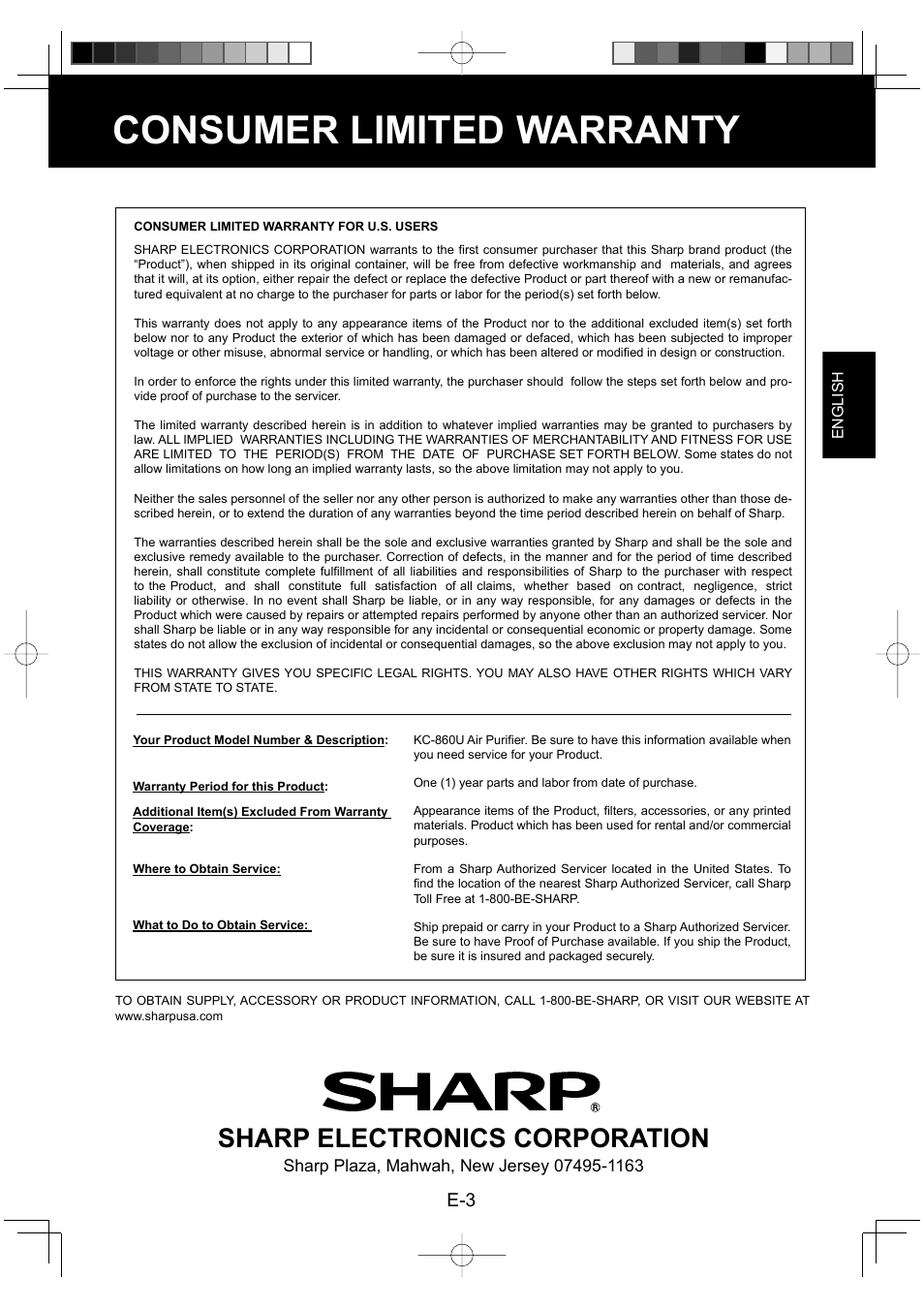 Consumer limited warranty, Sharp electronics corporation | Sharp ENGLISHFRANAISESPAOL KC-860U User Manual | Page 5 / 68
