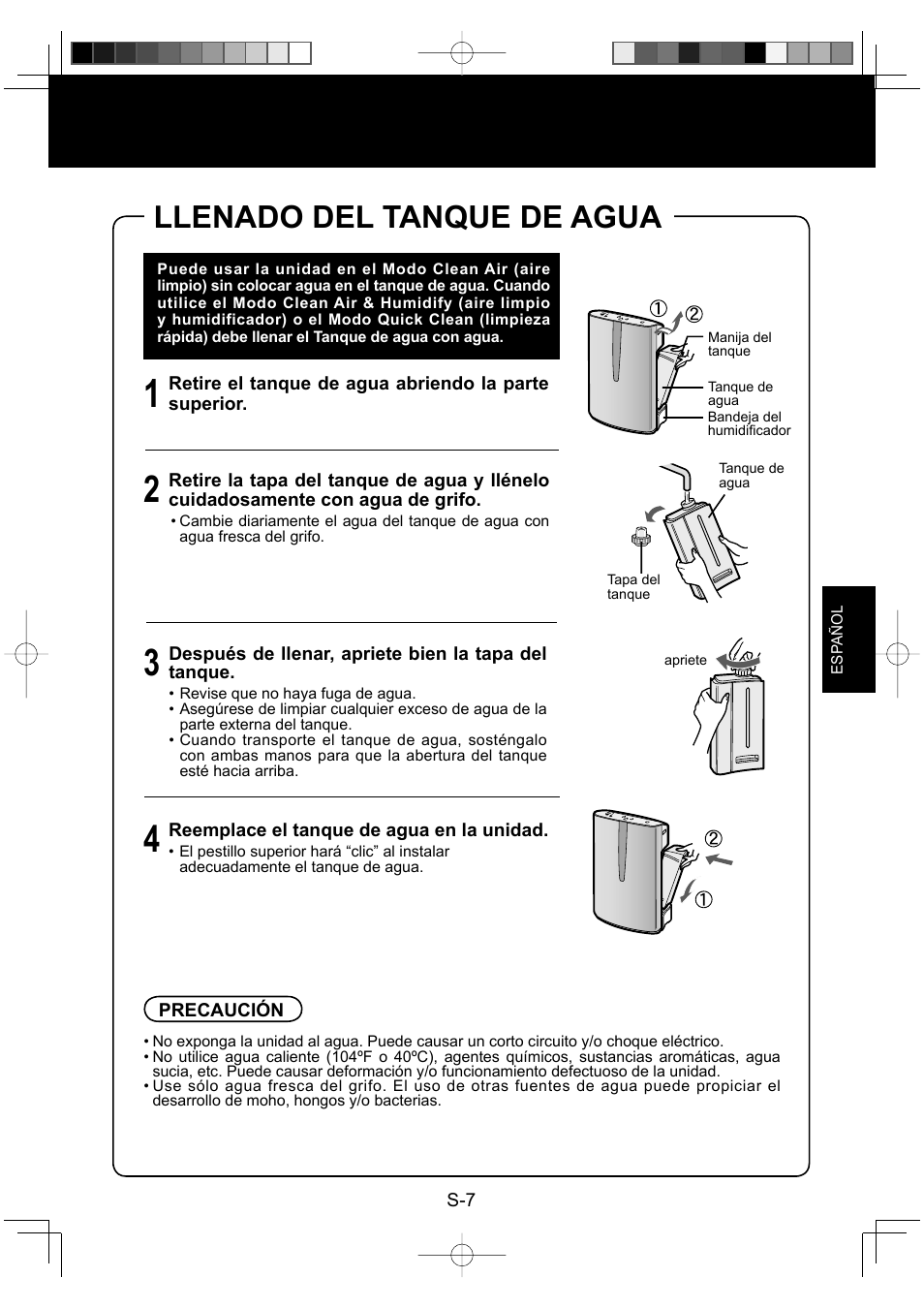 Llenado del tanque de agua | Sharp ENGLISHFRANAISESPAOL KC-860U User Manual | Page 55 / 68