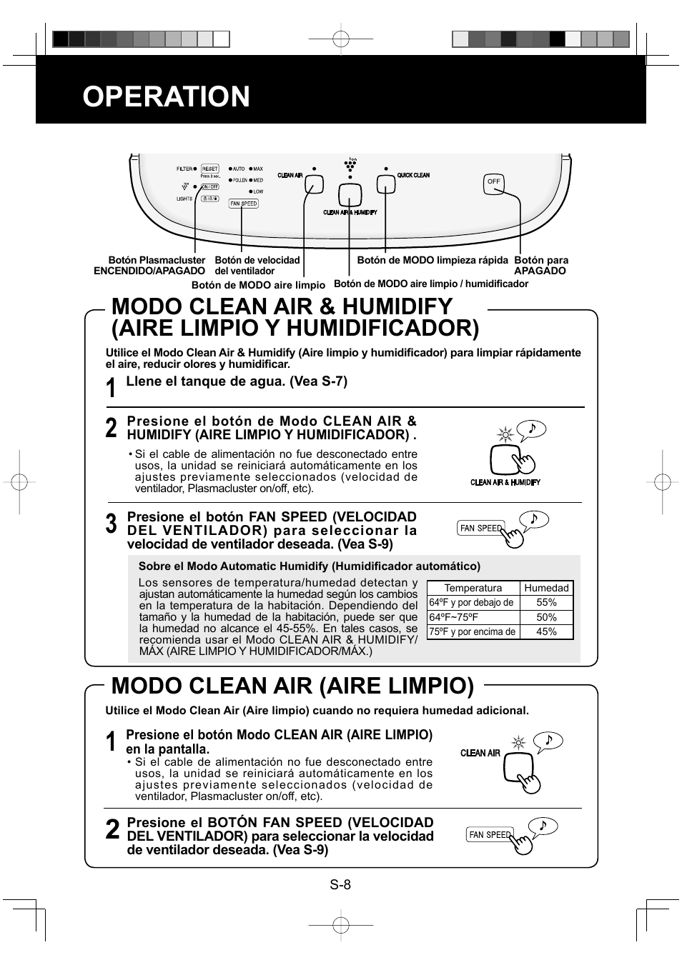 Operation, Modo clean air (aire limpio) | Sharp ENGLISHFRANAISESPAOL KC-860U User Manual | Page 56 / 68
