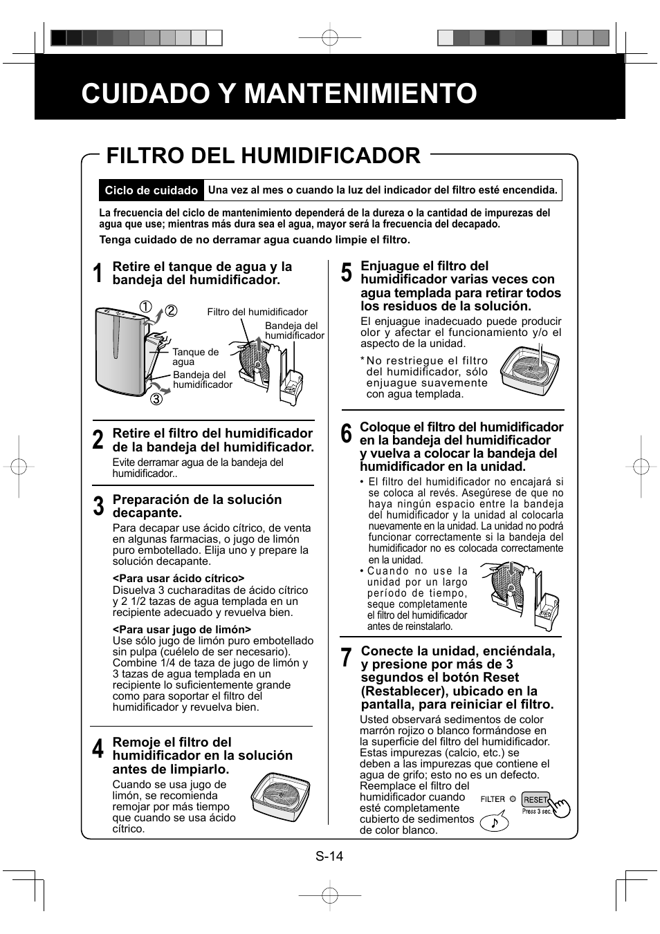 Cuidado y mantenimiento, Filtro del humidificador | Sharp ENGLISHFRANAISESPAOL KC-860U User Manual | Page 62 / 68