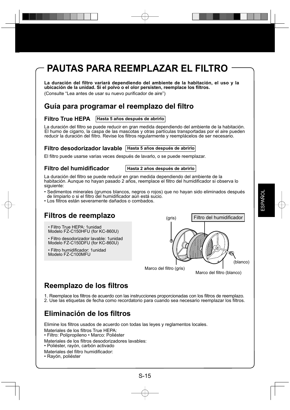 Pautas para reemplazar el filtro, Guía para programar el reemplazo del fi ltro, Filtros de reemplazo reemplazo de los fi ltros | Eliminación de los fi ltros | Sharp ENGLISHFRANAISESPAOL KC-860U User Manual | Page 63 / 68