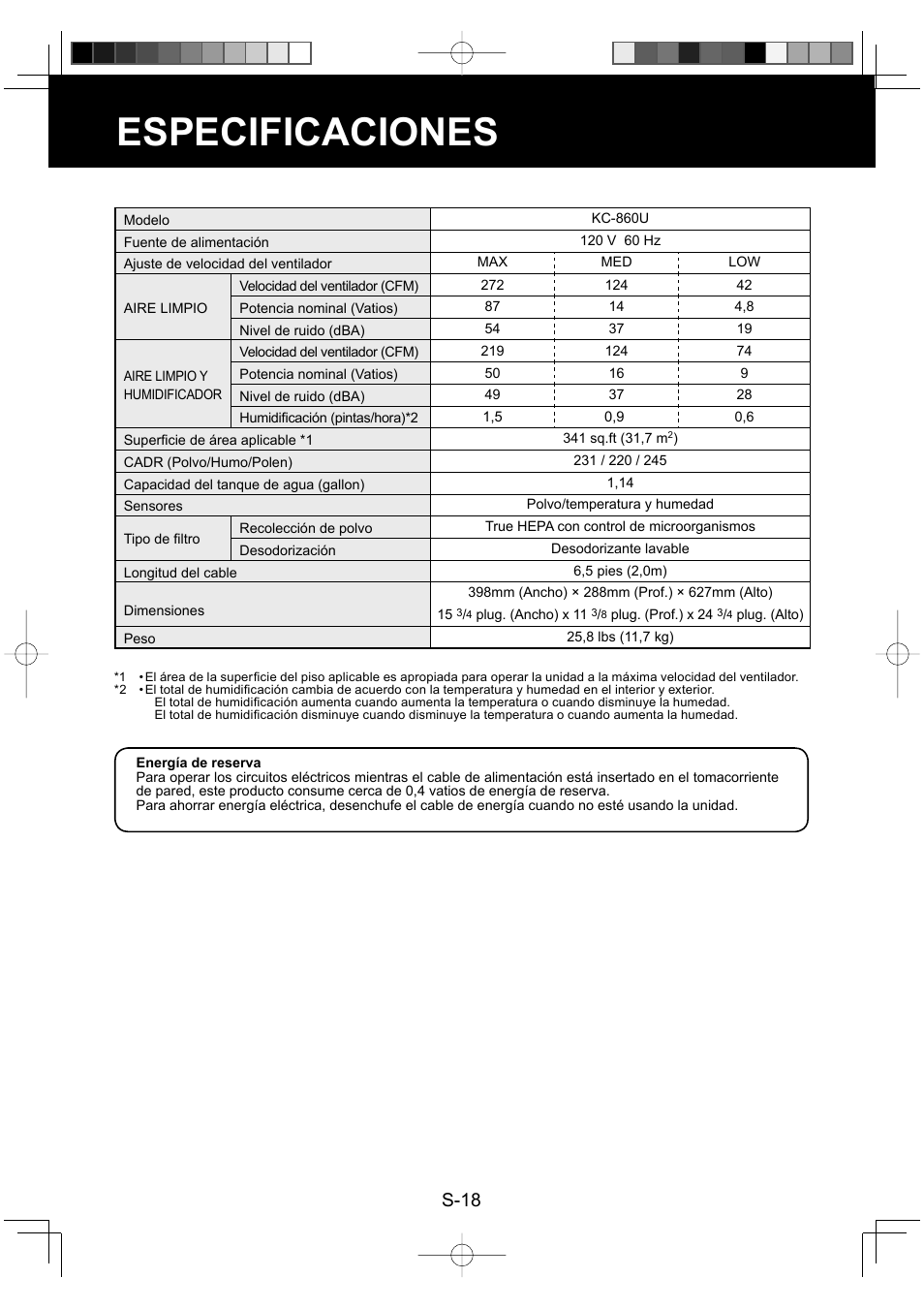 Especificaciones, S-18 | Sharp ENGLISHFRANAISESPAOL KC-860U User Manual | Page 66 / 68
