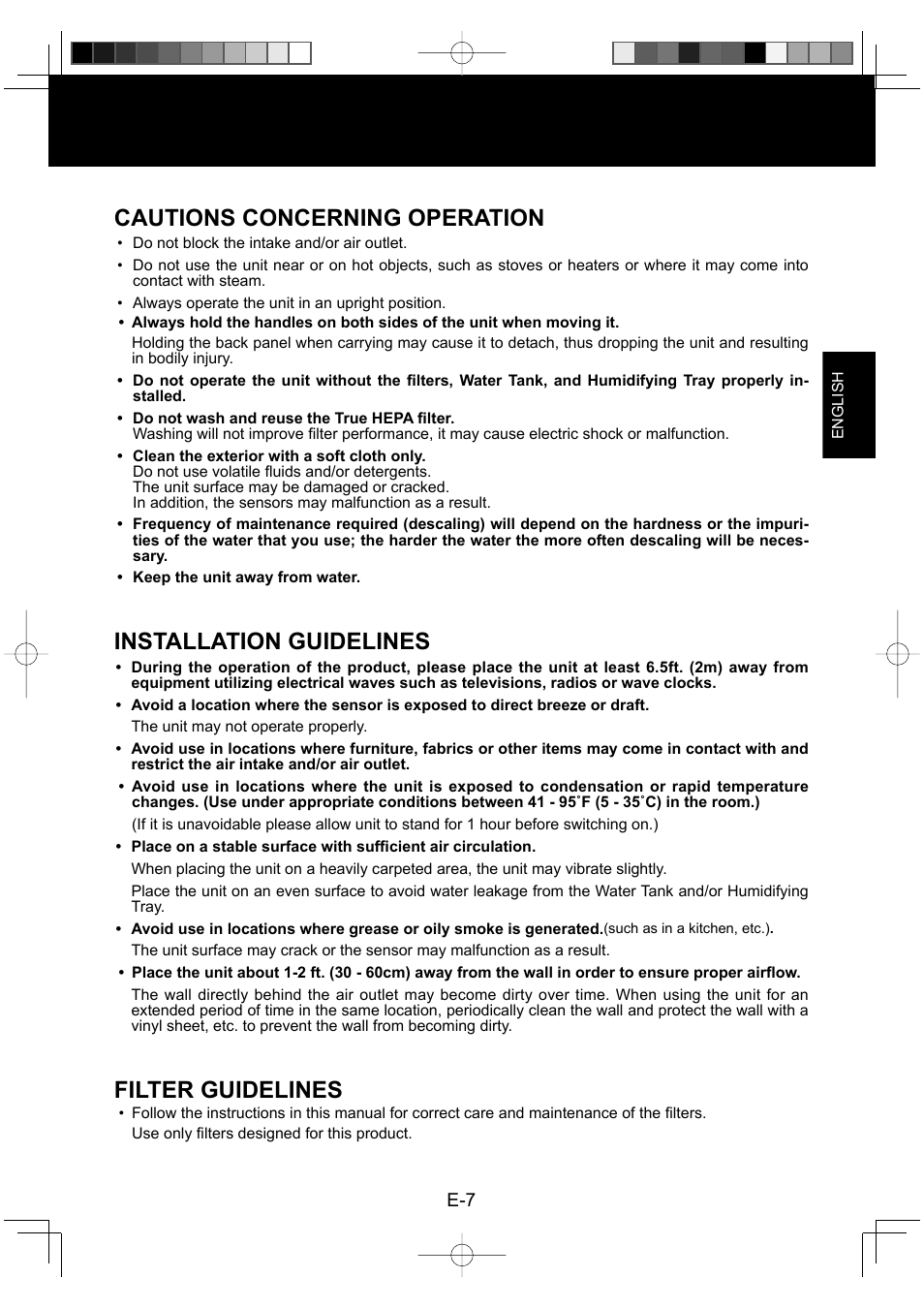 Cautions concerning operation, Installation guidelines, Filter guidelines | Sharp ENGLISHFRANAISESPAOL KC-860U User Manual | Page 9 / 68