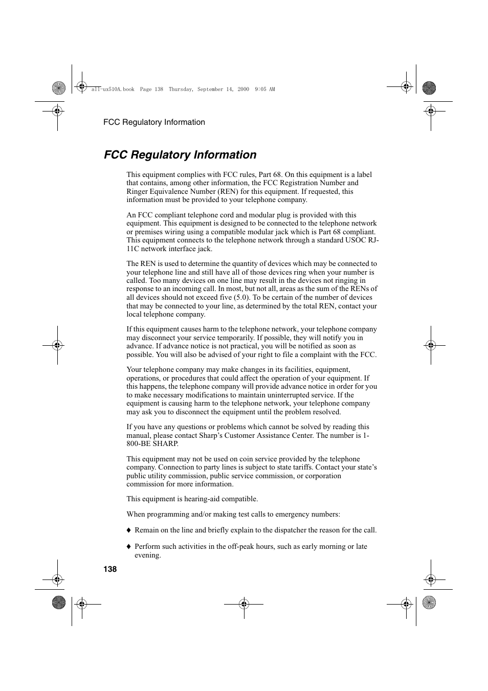 Fcc regulatory information | Sharp FO-1470 User Manual | Page 140 / 150