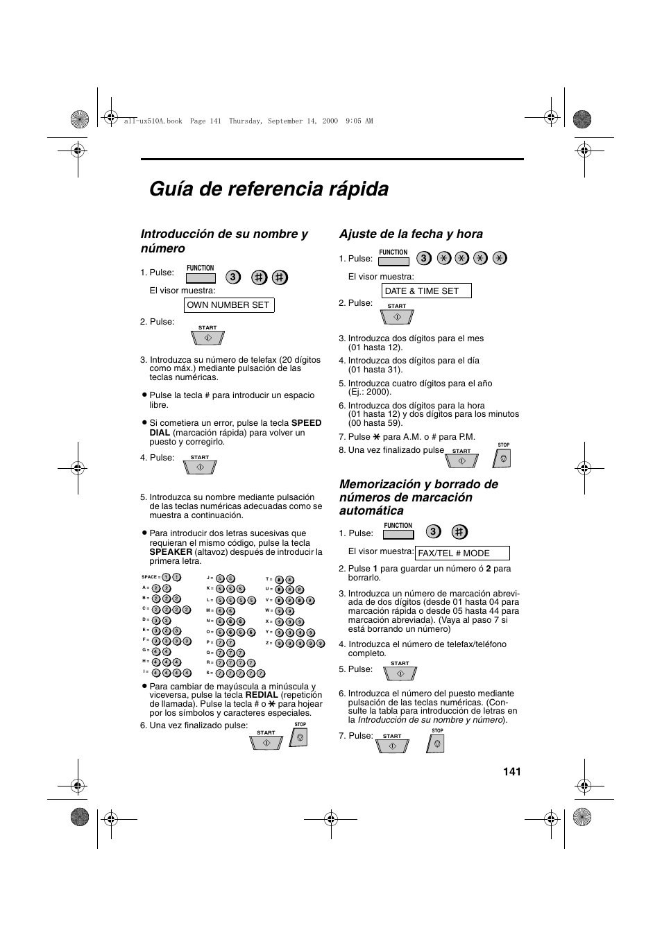 Guía de referencia rápida, Introducción de su nombre y número, Ajuste de la fecha y hora | Sharp FO-1470 User Manual | Page 143 / 150