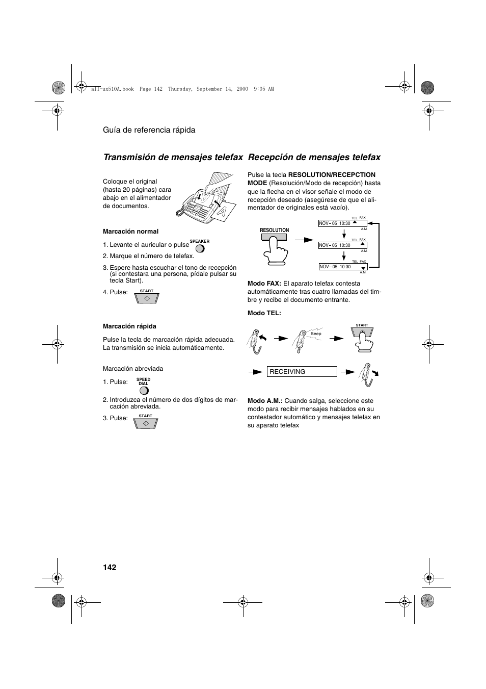 Transmisión de mensajes telefax, Recepción de mensajes telefax, Guía de referencia rápida 142 | Sharp FO-1470 User Manual | Page 144 / 150