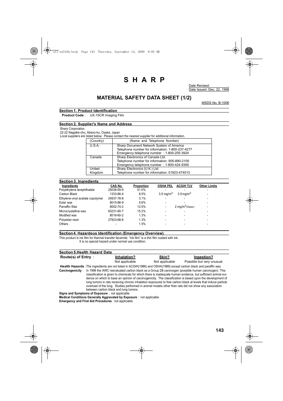 Material safety data sheet (1/2) | Sharp FO-1470 User Manual | Page 145 / 150