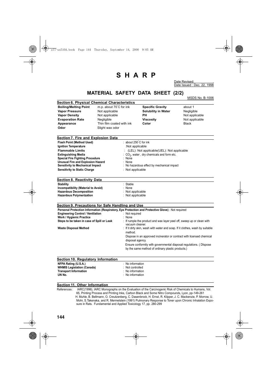 Material safety data sheet (2/2) | Sharp FO-1470 User Manual | Page 146 / 150