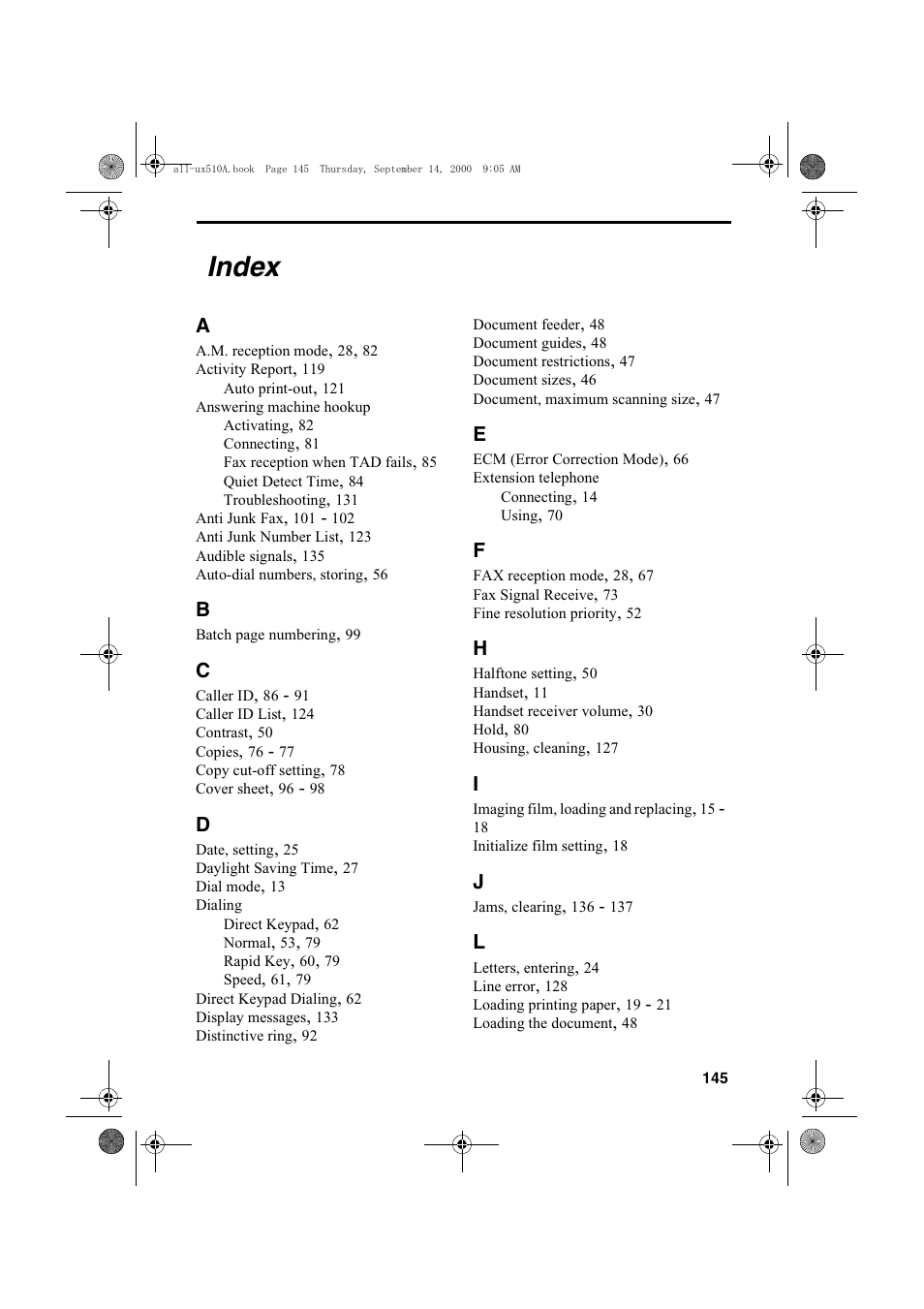 Index | Sharp FO-1470 User Manual | Page 147 / 150