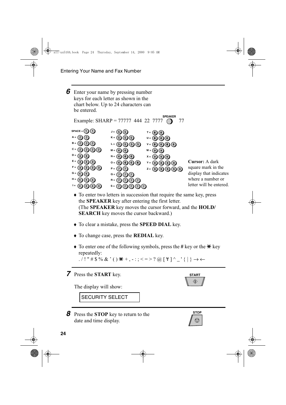 Press the start key. the display will show, Security select | Sharp FO-1470 User Manual | Page 26 / 150